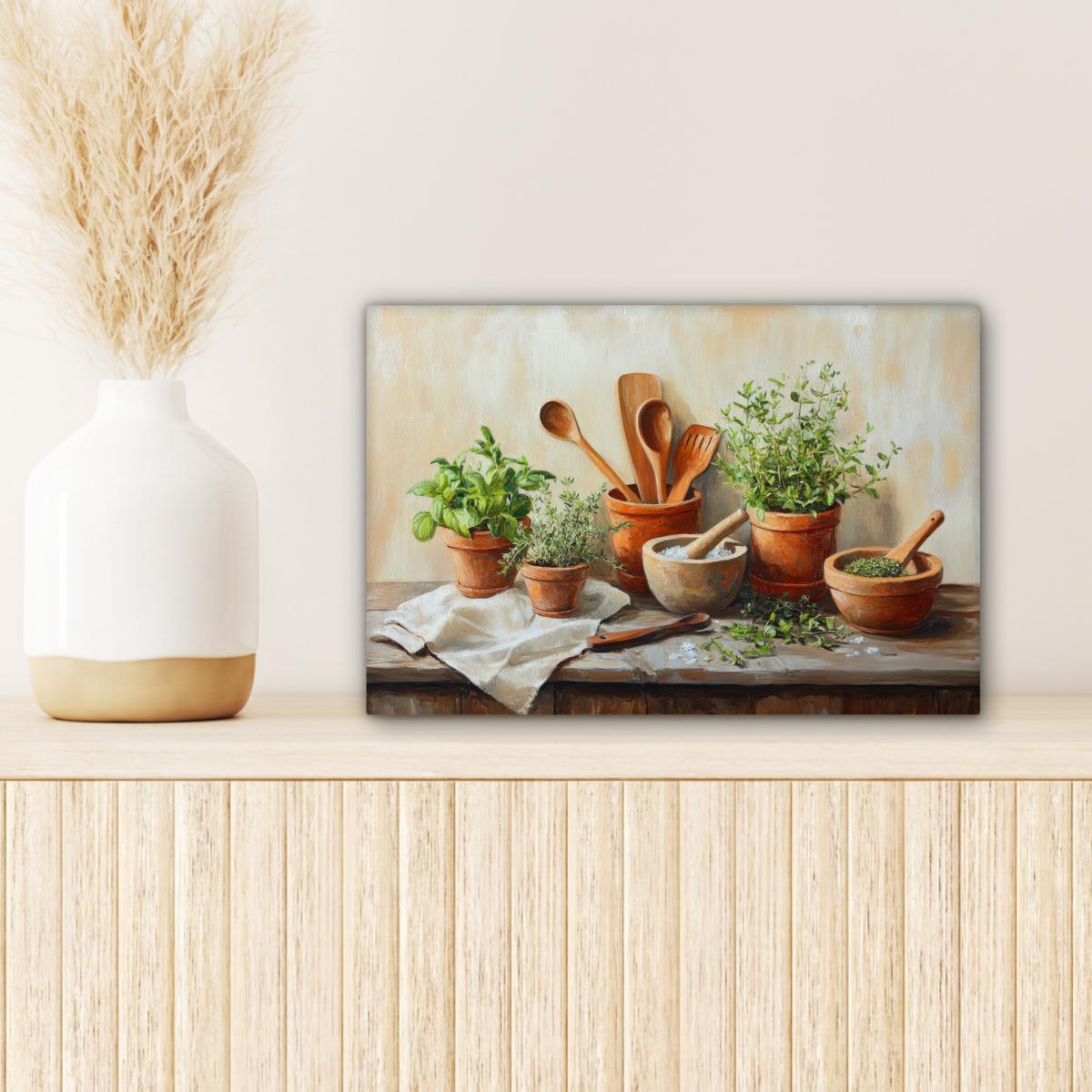 LEINWANDBILD Töpfe - Kräuter - Holz Deko Schlafzimmer 30x20 cm - Terracotta, Textil (30/20cm) - MuchoWow