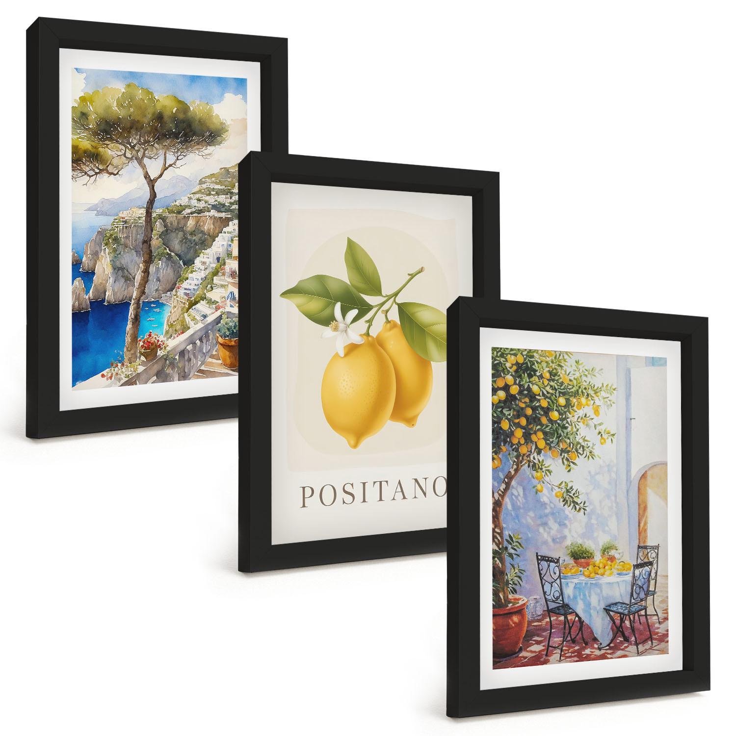 BILDER SET 3er Set - 20x30 cm Schwarzer Rahmen - Ansichten von Positano mit Zitronen - Schwarz, Kunststoff (20/30cm) - TULUP