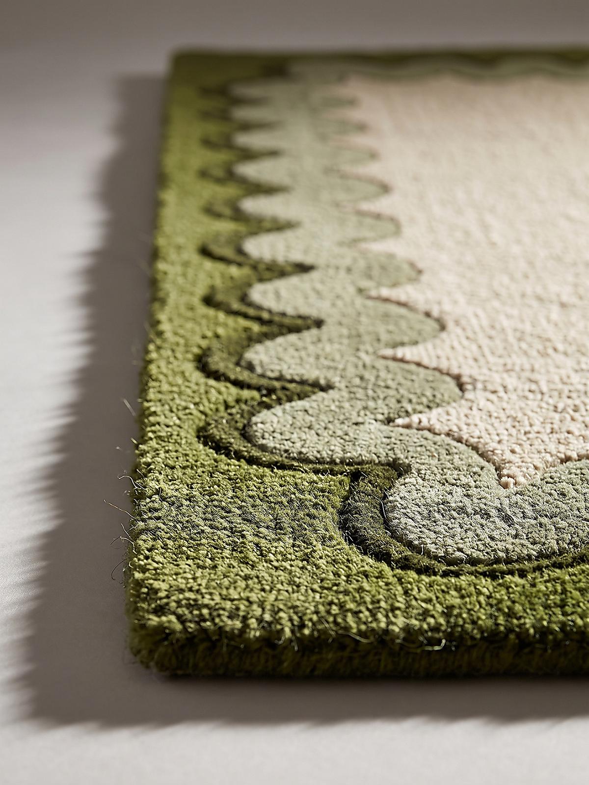 WOLLTEPPICH handgetuftet WAVENEY, Zickzack-Wellenbordüre, Olivgrün, 160 x 230 cm - Grün, Textil (160/230cm) - KADIMA DESIGN