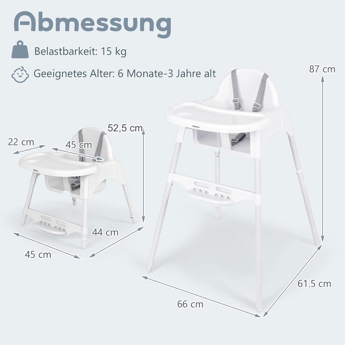 BABYHOCHSTUHL Weiß - Weiß, Kunststoff (66/87/61.5cm) - COSTWAY
