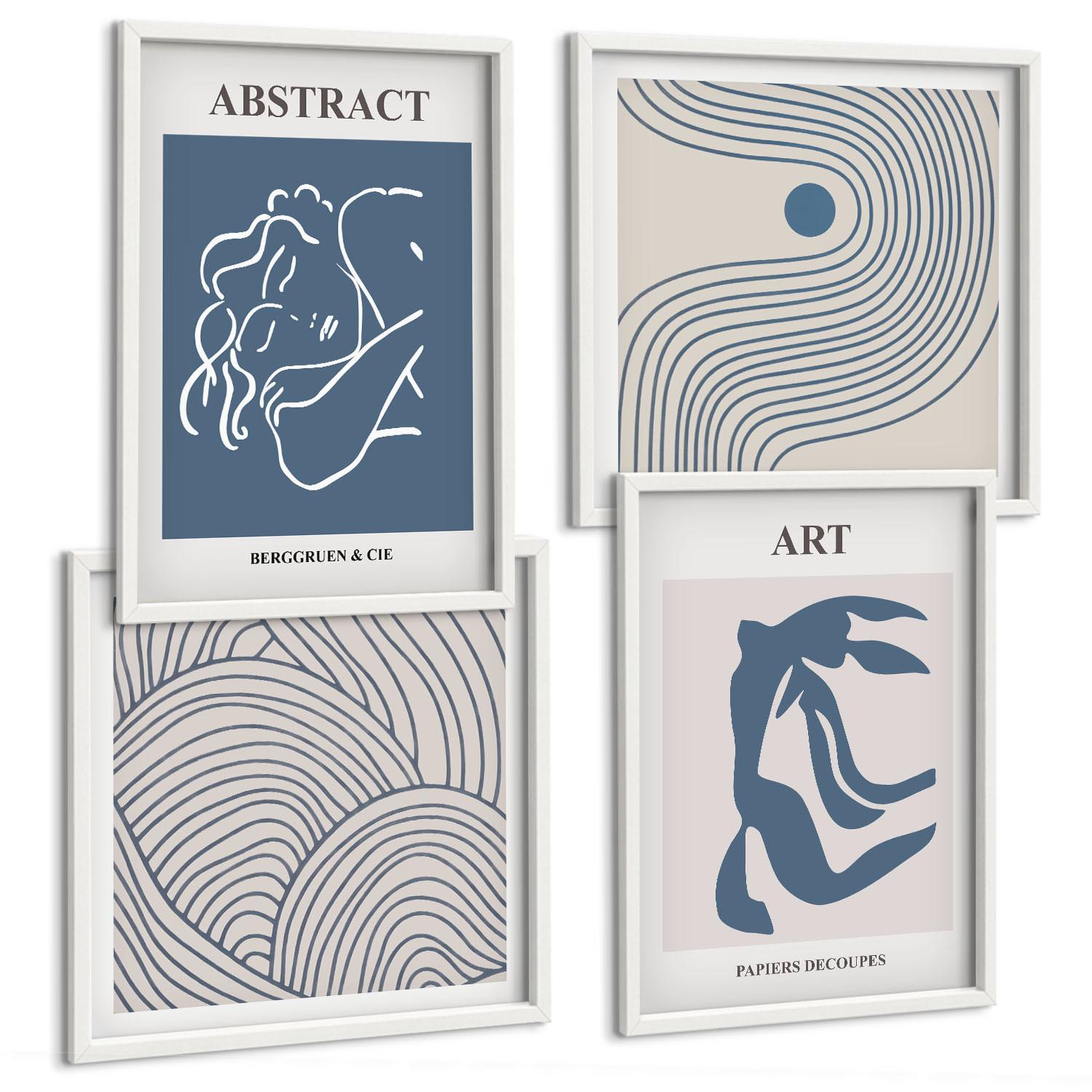 BILDER SET 4er Set - 50x50 cm & 40x60 cm Weißer Rahmen - Poster mit abstrakten Linien und Wellen - Weiß, Kunststoff (50/50cm) - TULUP