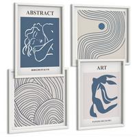 BILDER SET 4er Set - 50x50 cm & 40x60 cm Weißer Rahmen - Poster mit abstrakten Linien und Wellen - Weiß, Kunststoff (50/50cm) - TULUP