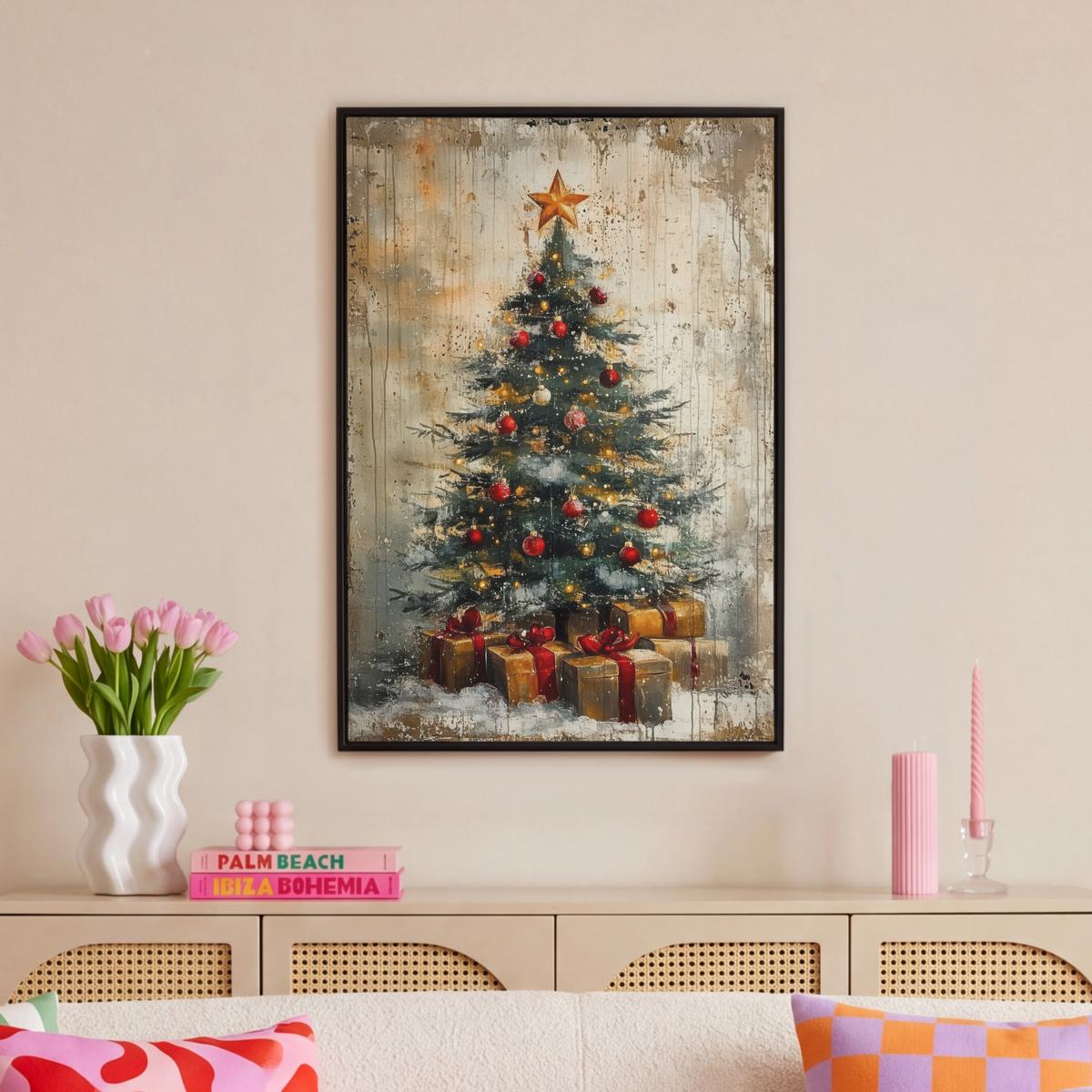 LEINWAND Bilder mit Rahmen - Weihnachtsbaum - Vintage - Weihnachten - Geschenk - 60x90 - Rostfarben, Textil (60/90cm) - MuchoWow