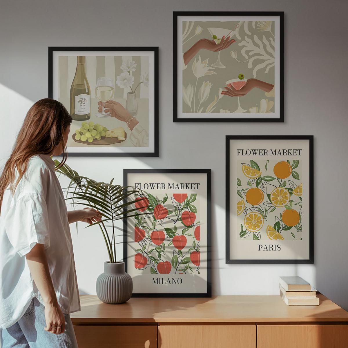 BILDER SET 4er Set - 50x50 cm & 40x60 cm Schwarzer Rahmen - Blumenwein Mailand Paris - Schwarz, Kunststoff (50/50cm) - TULUP