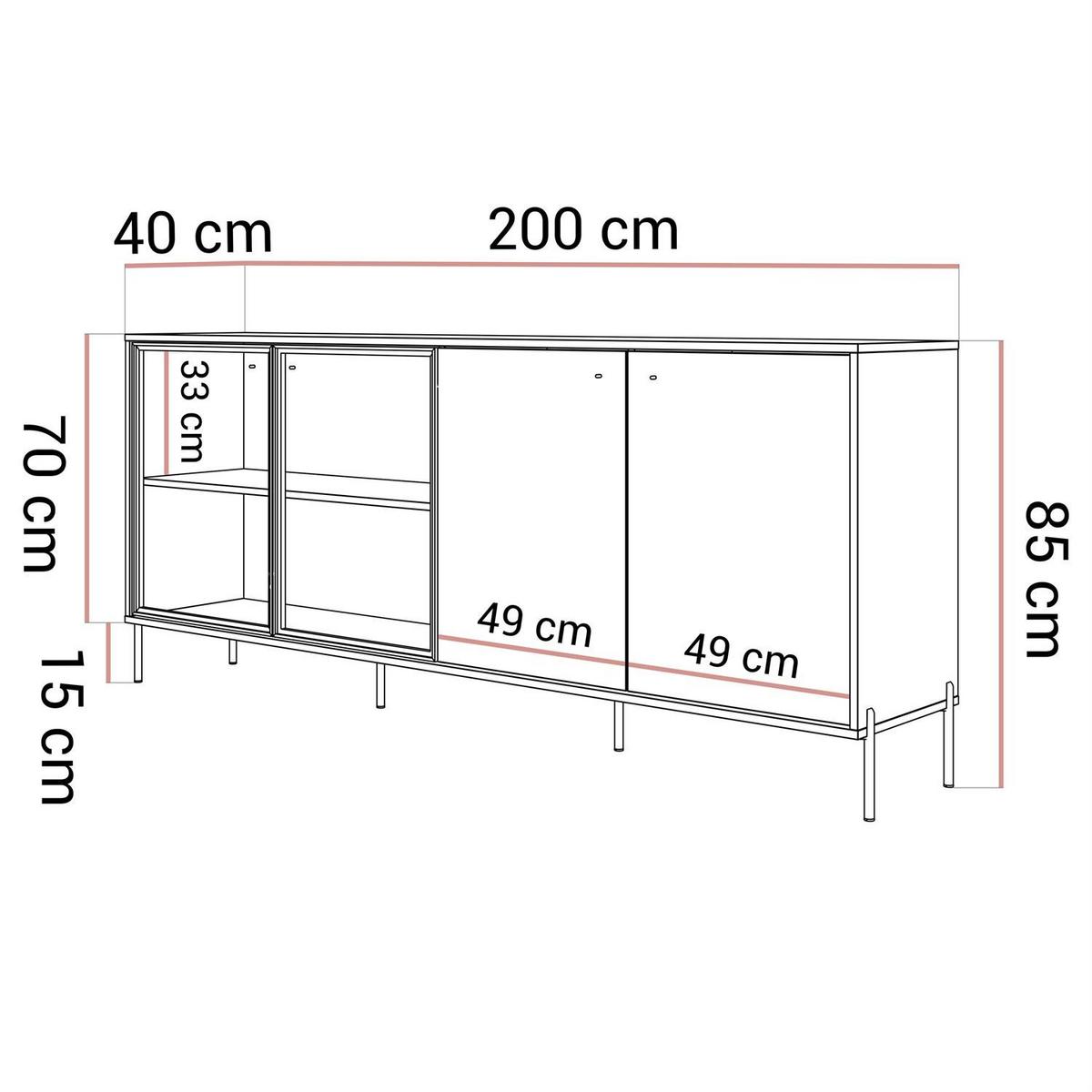 KOMMODE ISA 4D, viertürig mit LED-Beleuchtung auf hohen Beinen. - Eichefarben, Holzwerkstoff (200/85/40cm) - Lookway