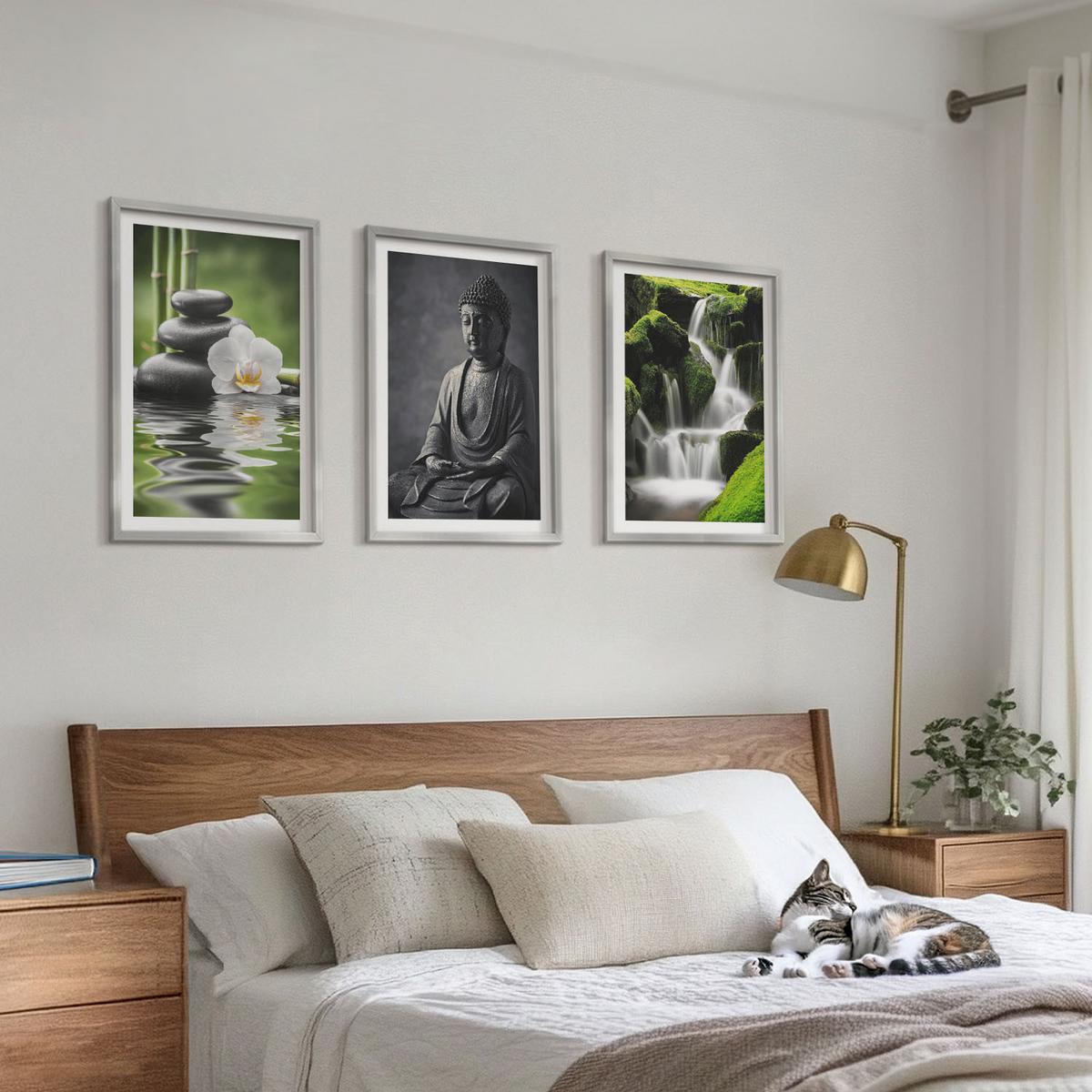 BILDER SET 3er Set - 40x60 cm Silberner Rahmen - Entspannende Zen-Wassermalerei - Silberfarben, Kunststoff (40/60cm) - TULUP