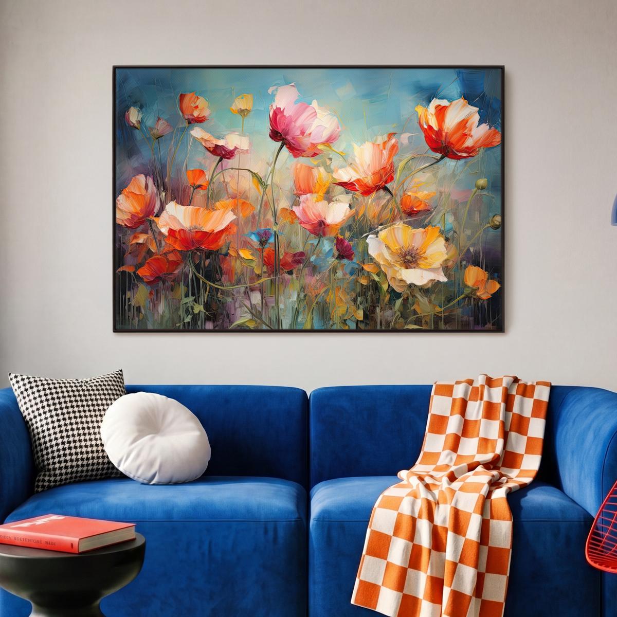 LEINWAND Bilder mit Rahmen - Blumen - Aquarell - Kunst - Botanisch - Natur - 90x60 - Orange, Textil (90/60cm) - MuchoWow