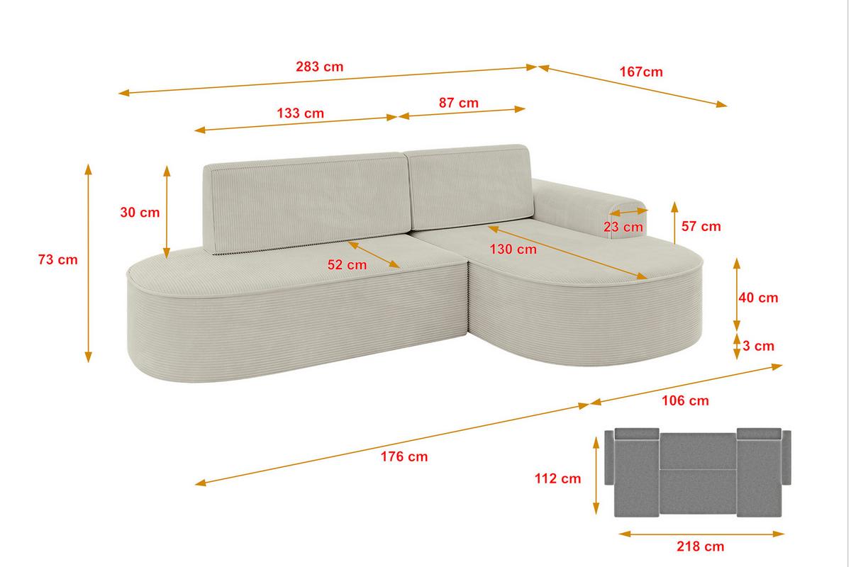 ECKSOFA mit Schlaffunktion und Bettkasten Ottomane Rechts MARI-L1-S - 283x167x73 cm Beige Cord - Schwarz/Cappuccino, Holzwerkstoff/Kunststoff (167/283cm) - ALTDECOR