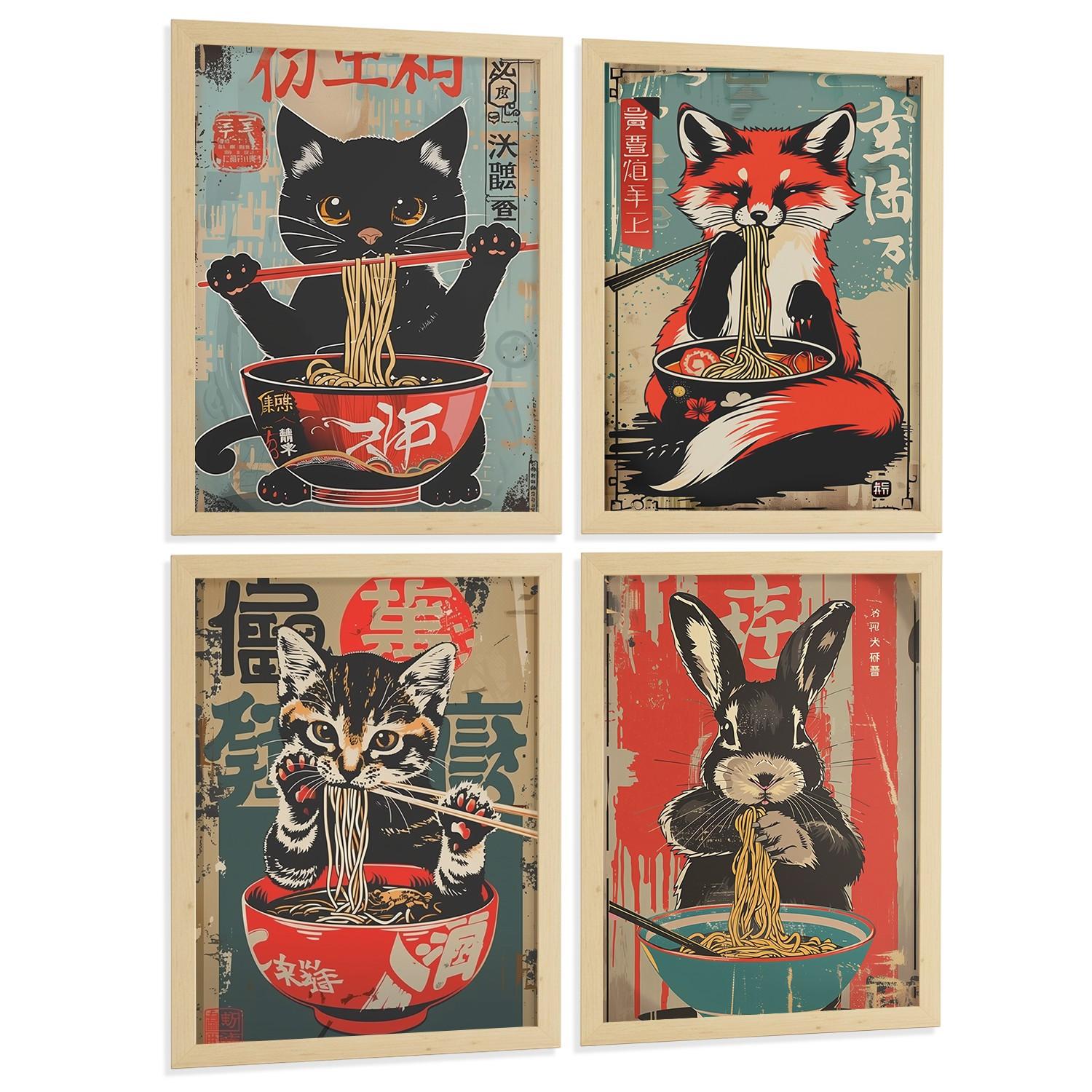 POSTER 4er Set Japanische Ramen Tier-Wandbilder Katze Fuchs und Hase Nudeln Vintage Küche Deko Leichter Holzrahmen A4 - Beige, Papier (29.7/1/21cm) - Nacnic
