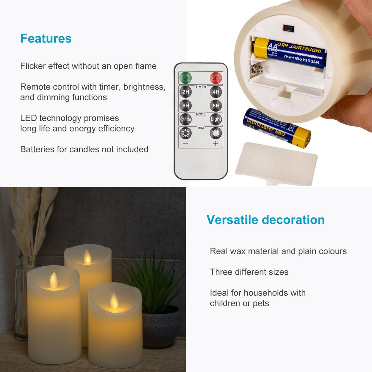 LED KERZEN SET mit Fernbedienung (3-tlg.) - Weiß, Naturmaterialen (8/8/15cm) - Intirilife