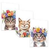POSTER SET für Kinderzimmer KATZEN Blumen Tiere Pflanzen 3x Poster A3 30x42cm - Beige/Rot, Papier (30/42/1cm) - Muralo