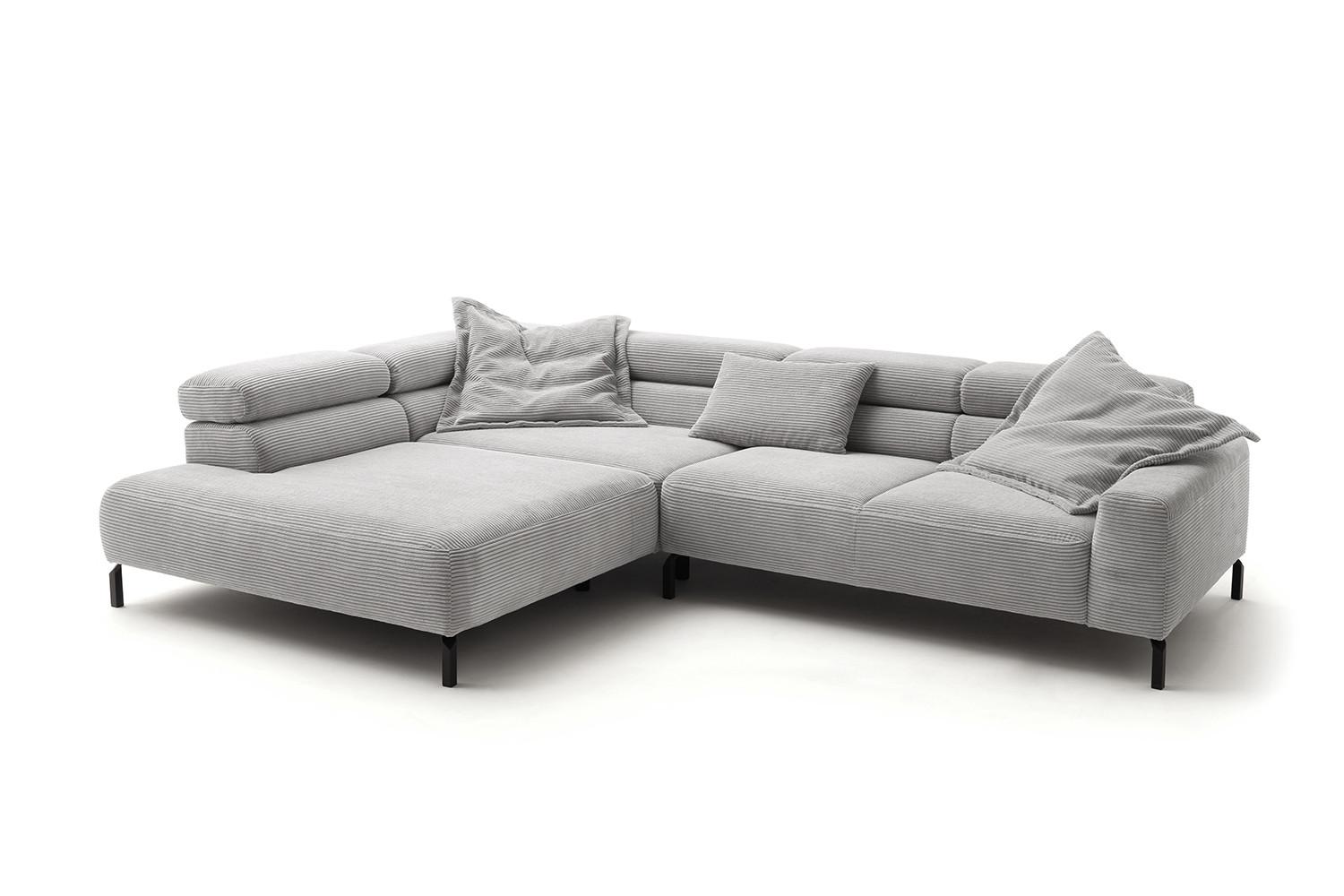 ECKSOFA MIT MOTORISCHEM SITZVORZUG DELIA Hellgrau Cord Relaxfunktion - Hellgrau/Schwarz, Textil/Metall (312/219cm) - KAWOLA