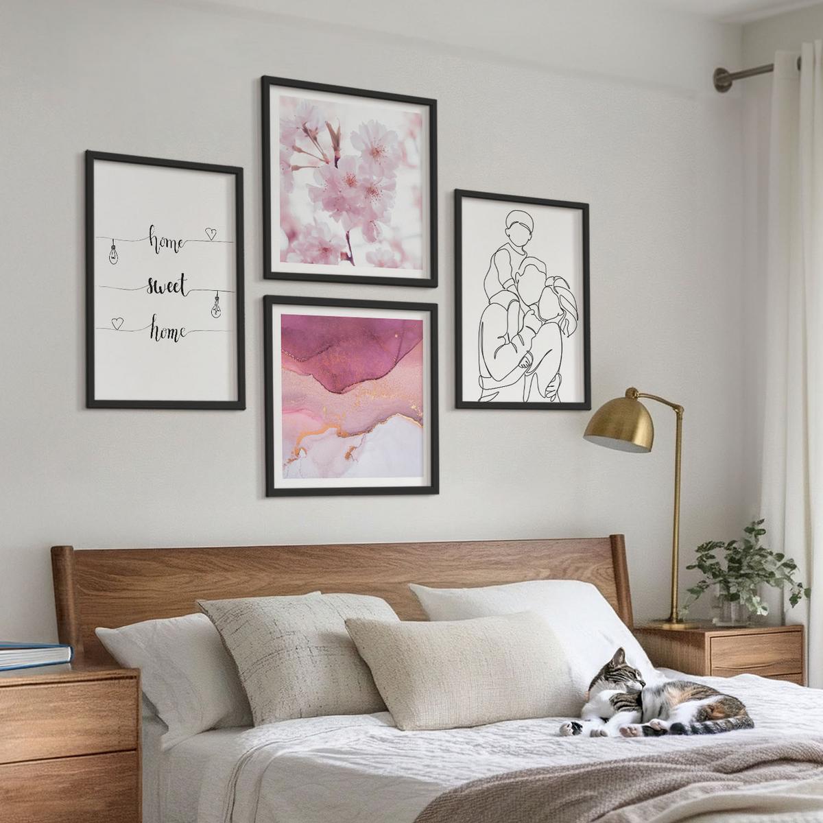 BILDER SET 4er Set - 50x50 cm & 40x60 cm Schwarzer Rahmen - Blumenfamilie minimalistisch - Schwarz, Kunststoff (50/50cm) - TULUP