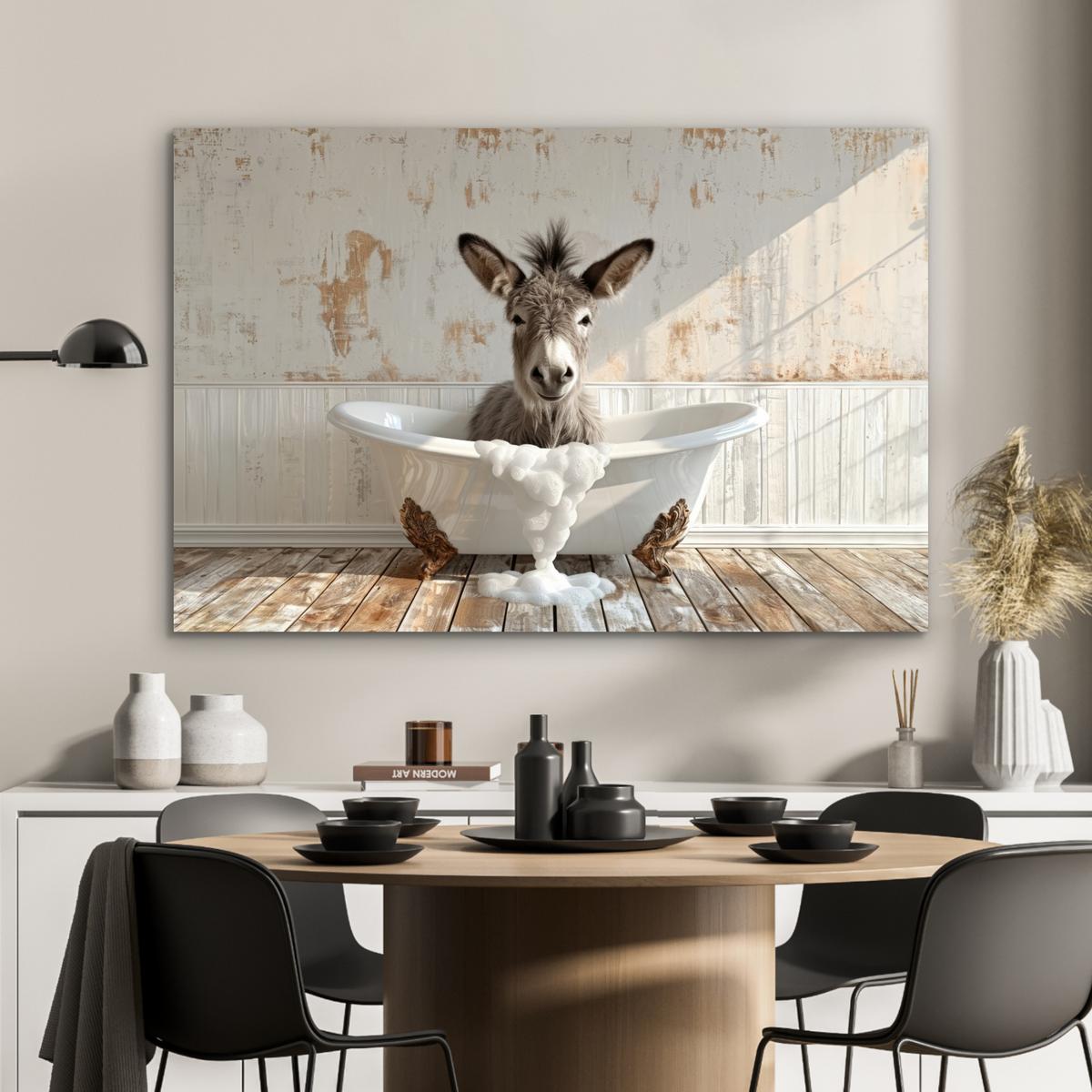 METALLBILD Esel - Tiere - Badewanne - Schaumstoff Wanddeko 90x60 cm - Weiß, Metall (90/60cm) - MuchoWow