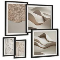 BILDER SET 5er Set - 50x50 cm & 20x30 cm & 40x60 cm Schwarzer Rahmen - Abstrakte Wellen auf dem Sand - Schwarz, Kunststoff (40/60cm) - TULUP