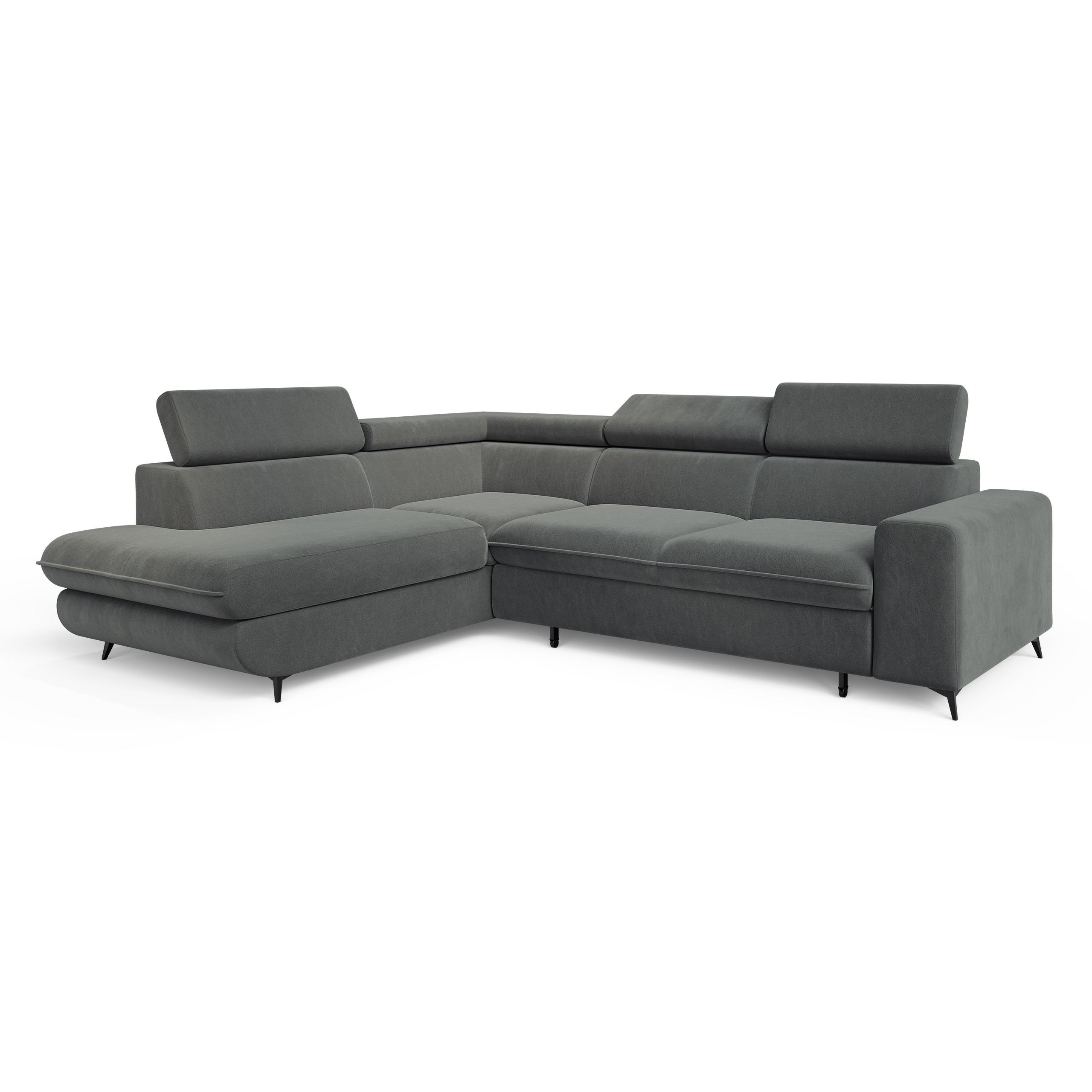 ECKSOFA VELISS Grau Veloursstoff mit Schlaffunktion - Grau, Holz (255/193cm) - MASSENO