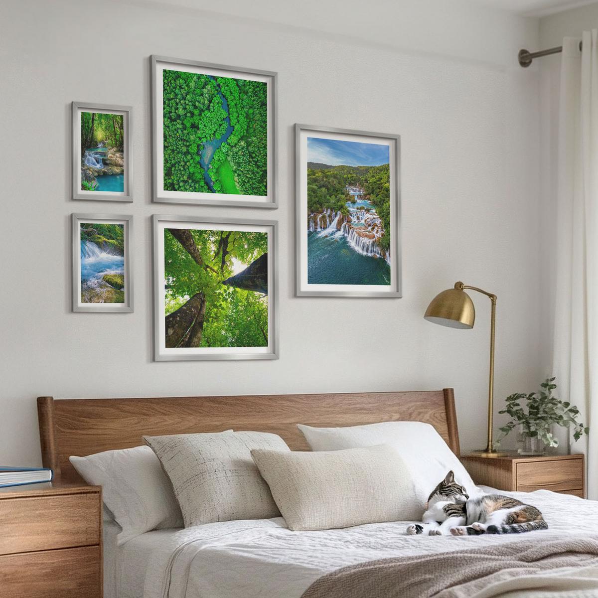 BILDER SET 5er Set - 50x50 cm & 20x30 cm & 40x60 cm Silberner Rahmen - Strandwellen, Himmelsbrücke, Spaziergang - Silberfarben, Kunststoff (40/60cm) - TULUP
