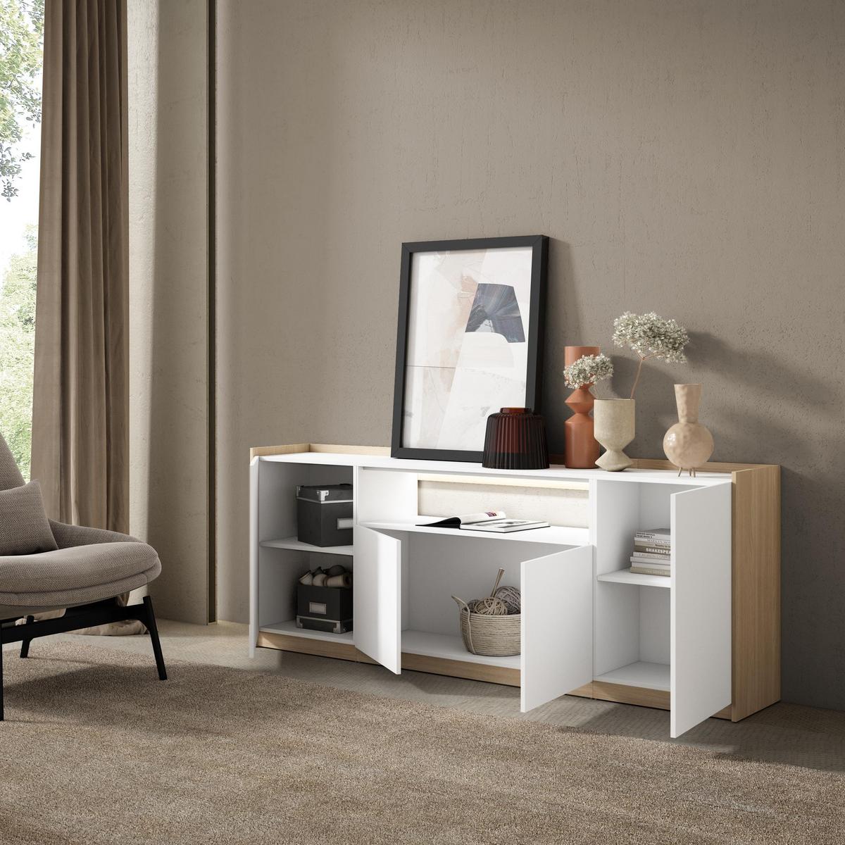 SIDEBOARD, Weiß und Eiche, 207/37/80cm, mit Led - Weiß, Holzwerkstoff (207/80/37cm) - Skraut Home