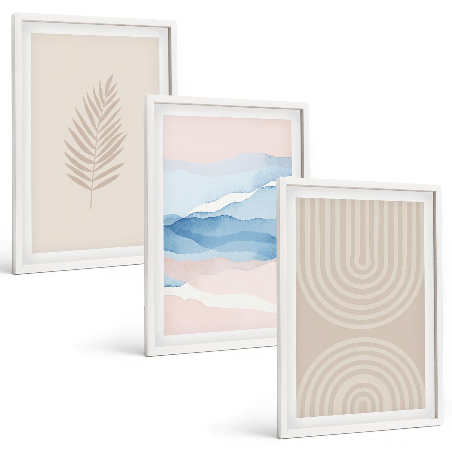 BILDER SET 3er Set - 40x60 cm Weißer Rahmen - Blätterwellen beige blau - Weiß, Kunststoff (40/60cm) - TULUP