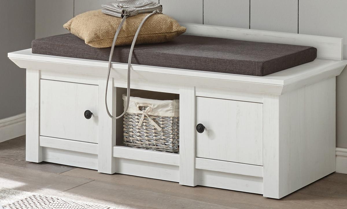 GARDEROBENBANK Pinie weiß 124 cm, Landhaus Schuhbank mit Stauraum - Schwarz/Weiß, Holzwerkstoff/Metall (124/42/45cm) - Furn.Design
