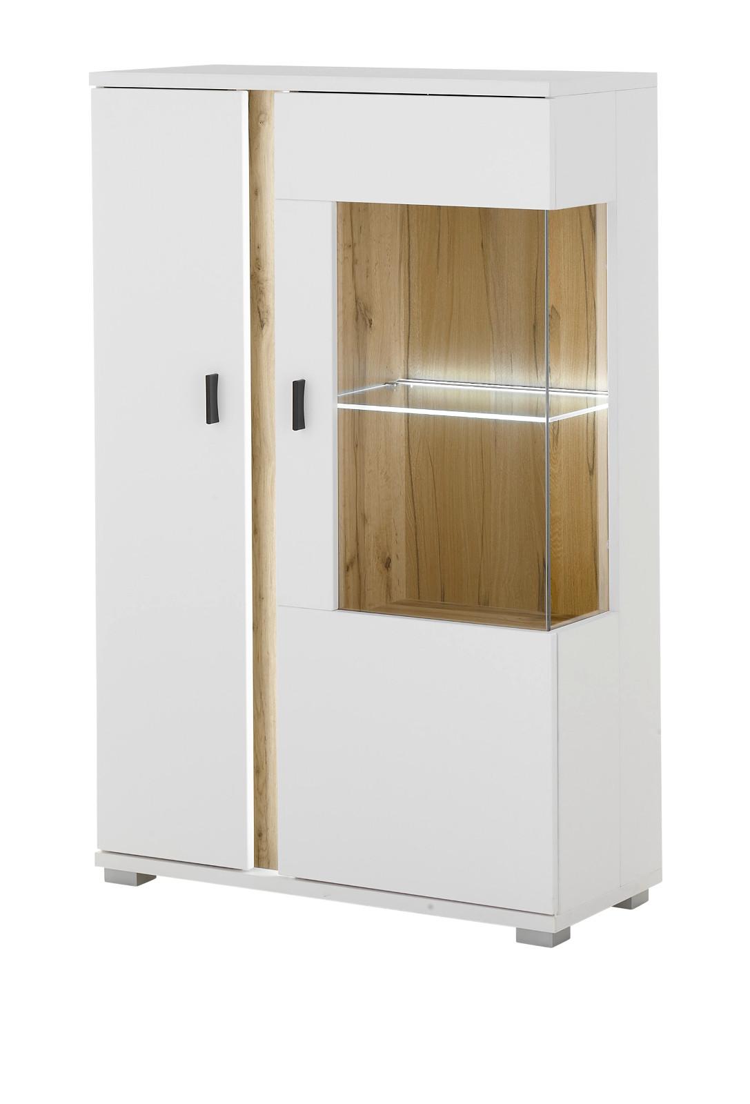VITRINE weiß matt, Eiche Wotan 80 x 125 cm, Highboard inklusive Frontbeleuchtung - Eiche Wotan/Silberfarben, Glas/Holzwerkstoff (80/125/35cm) - Furn.Design