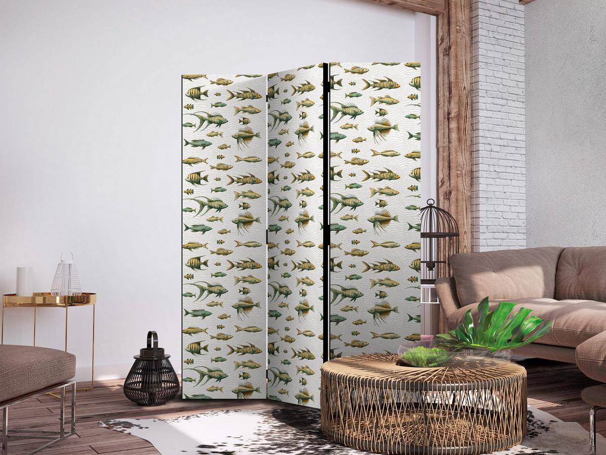 PARAVENT Beidseitig Bedruckter 3-tlg 135x172 cm Bunten Fische Im Boho Stil - Multicolor, Holz/Textil (135/172/3cm) - Muralo