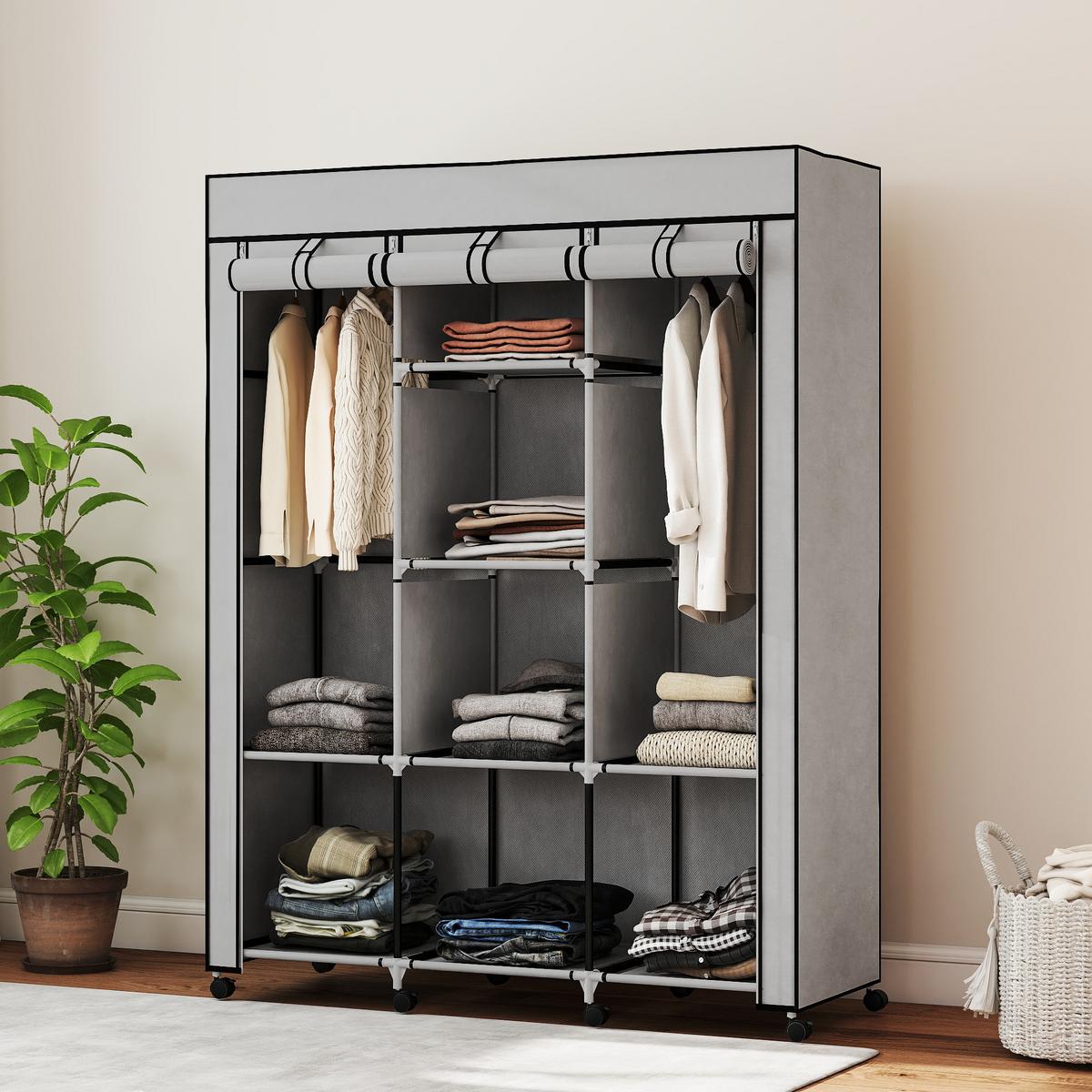 STOFFSCHRANK Faltschrank Kleiderschrank mit Kleiderstangen 8 Ebenen Hellgrau - Hellgrau/Schwarz, Kunststoff/Textil (43/162.5/125cm) - HOMCOM