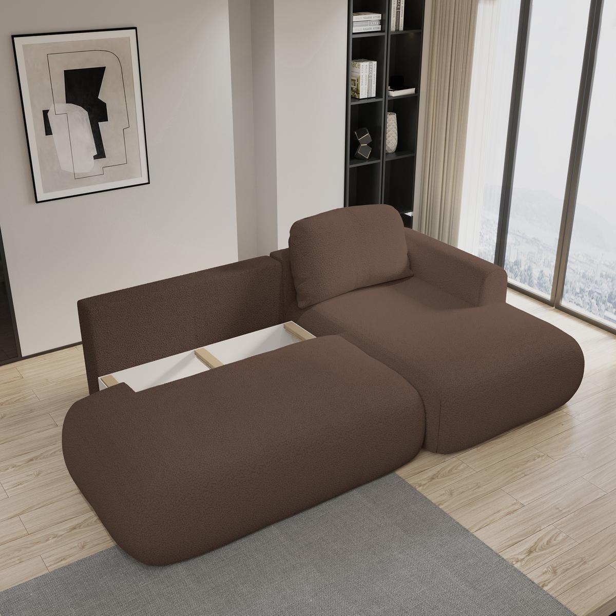 ECKSOFA NUVIRA R-S Braun Boucle-Stoff mit Schlaffunktion - Braun, Holz (279/158cm) - MASSENO