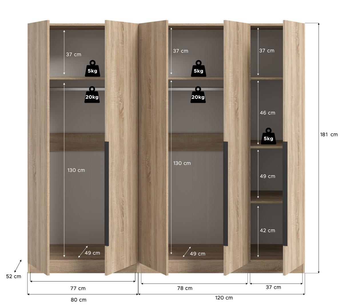 KLEIDERSCHRANK Eiche Sonoma 5-türig 2000 x 181 cm, Drehtürenschrank mit Kleiderstange - Eichefarben/Schwarz, Holzwerkstoff/Kunststoff (200/181/52cm) - Inn.Furn