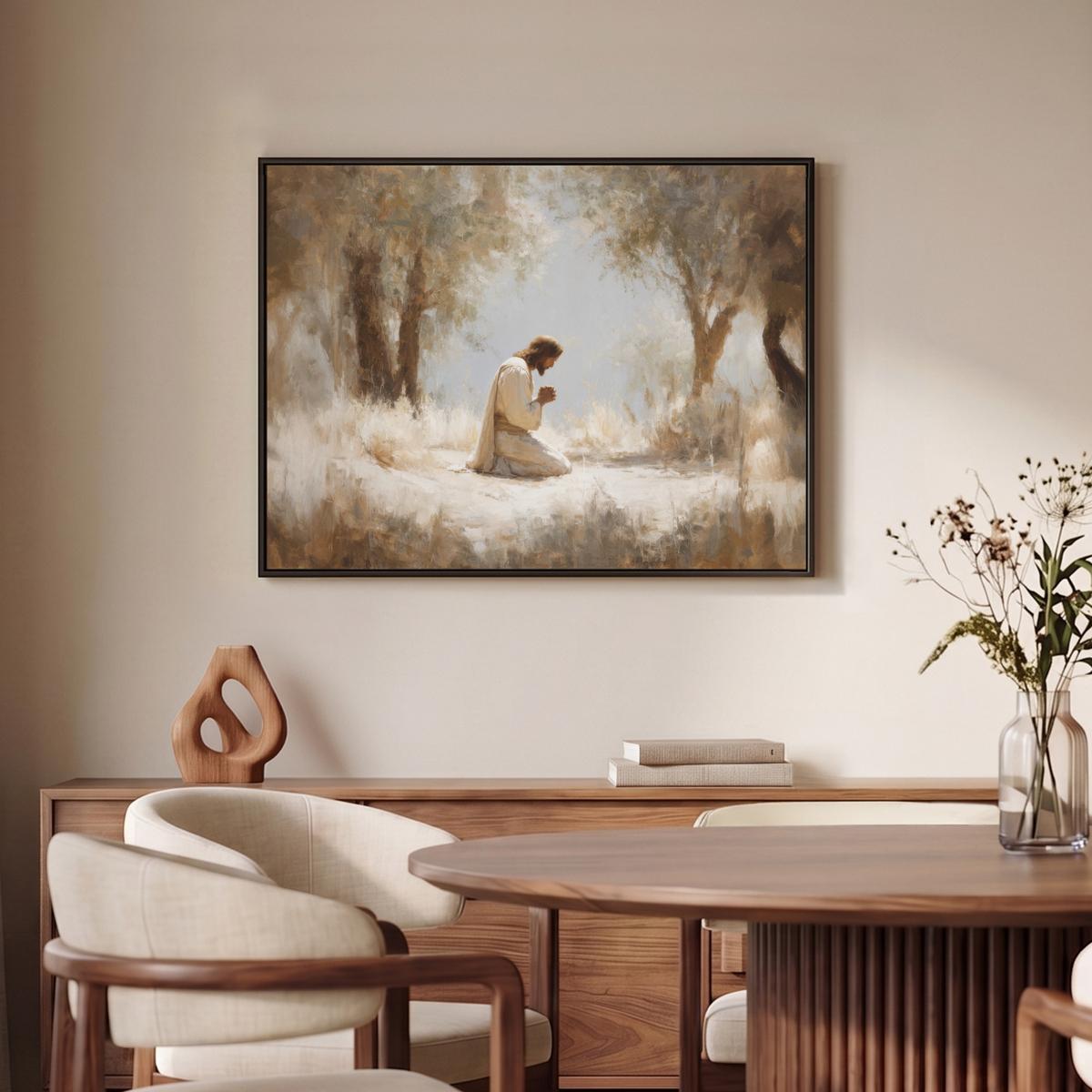 LEINWAND Bilder mit Rahmen - Jesus - Kniend - Waldlandschaft - Betend - 70x50 - Beige, Textil (70/50cm) - MuchoWow