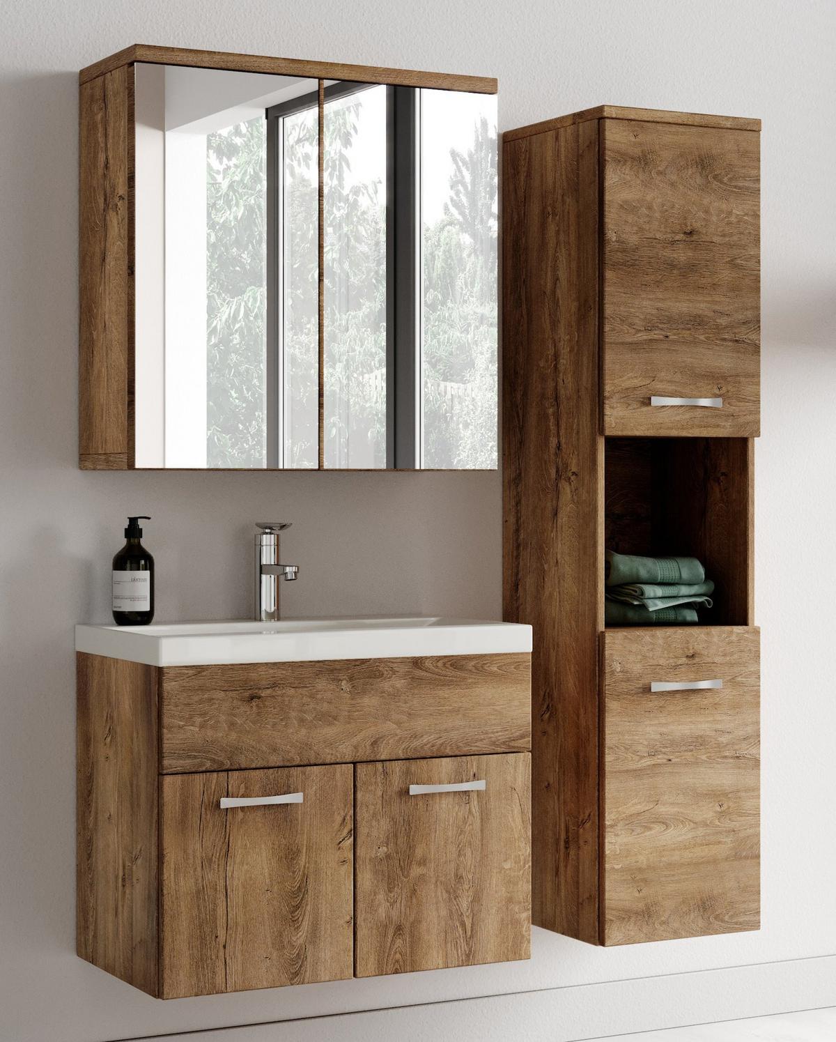 BADMÖBEL-SET Montreal 4 Teile Spiegelschrank Braun Eiche - 60 x 35 x 51 cm - Chromfarben/Braun, Holz/Metall (60/51/35cm) - Badplaats