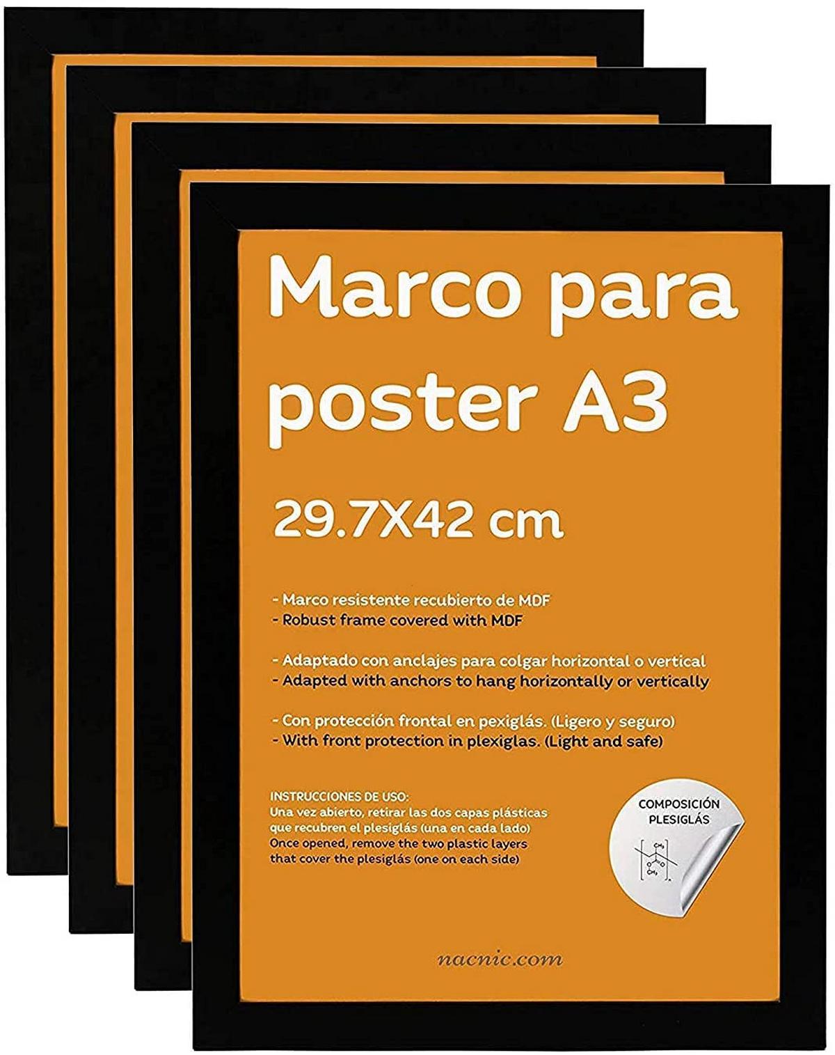 RAHMEN Set mit 12 aus MDF und Acrylglas Schutz und Aussteller für Fotografien, Bilder, Poster, Gemälde, Dekoration für Haus Farbe Schwarz A3 - Schwarz, Holz (29.7/3cm) - Nacnic