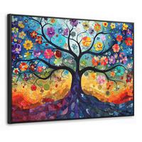 LEINWAND Bilder mit Rahmen - Kunst - Baum des Lebens - Blumen - Hippie - 70x50 - Dunkelblau, Textil (70/50cm) - MuchoWow