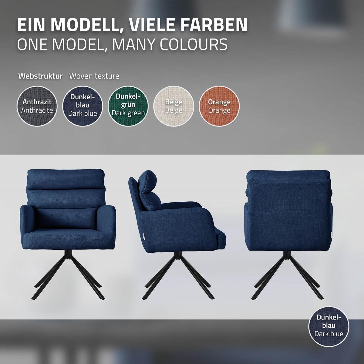ESSZIMMERSTUHL 4er Set drehbar Dunkelblau Stoffbezug - Schwarz/Dunkelblau, Textil/Metall (64.5/93/64cm) - ML-DESIGN