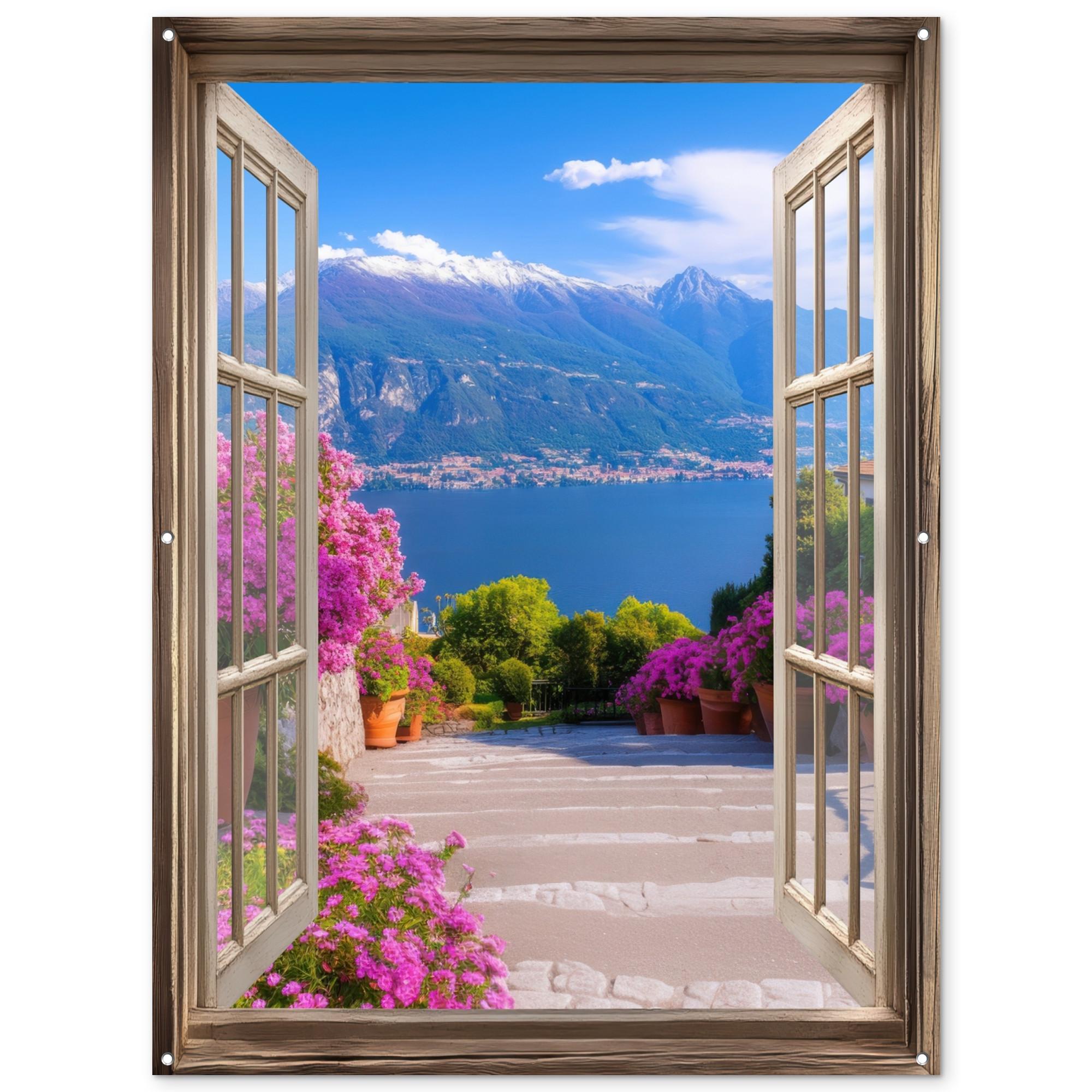 GARTENPOSTER Durchblick - Berg - Landschaft - Ausblicke - See Gartendekoration 120x160 cm - Blau, Kunststoff (120/160/0.2cm) - OnlyWow