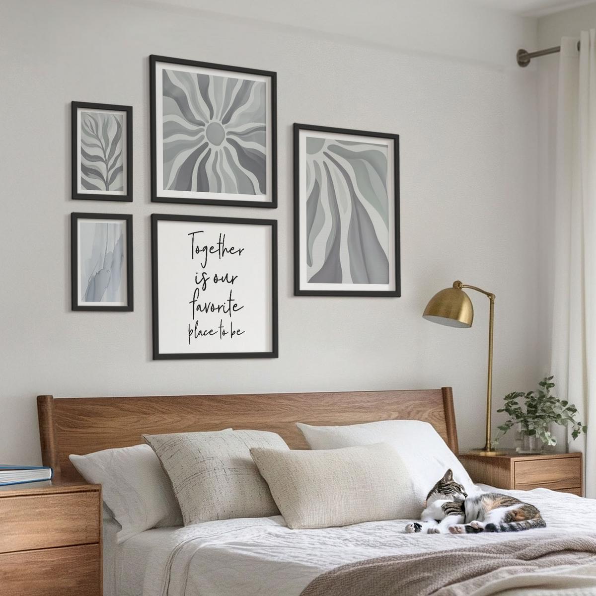 BILDER SET 5er Set - 50x50 cm & 20x30 cm & 40x60 cm Schwarzer Rahmen - Illustrationen mit floralen Pastellmustern - Schwarz, Kunststoff (40/60cm) - TULUP