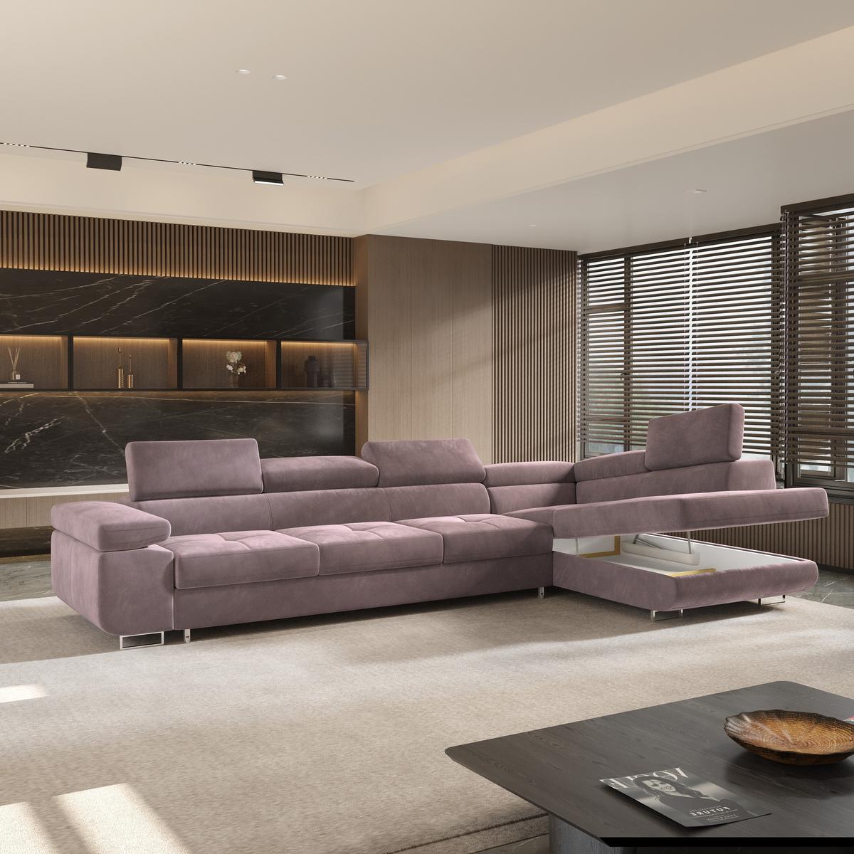 ECKSOFA VICENTE Lila Velours-Stoff mit Schlaffunktion - Lila, Holz (346/202cm) - MASSENO