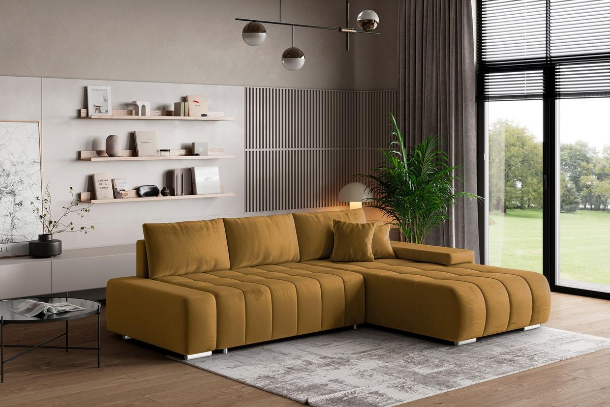 ECKSOFA ALESE R-S Gelb Velours-Stoff mit Schlaffunktion - Gelb/Silberfarben, Holz/Textil (265/185cm) - MASSENO