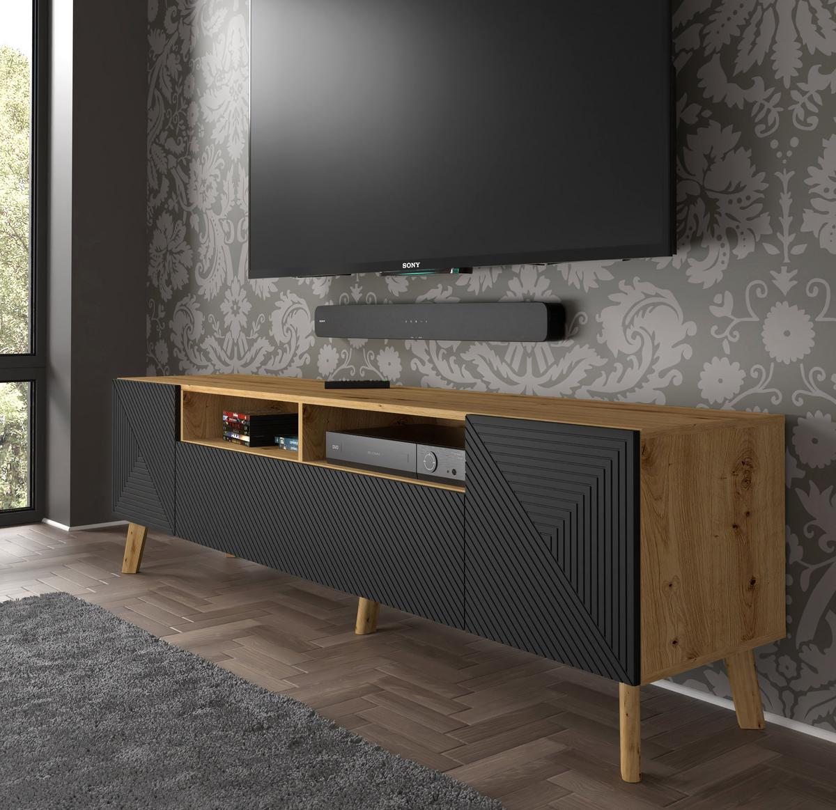TV LOWBOARD Artisan Eiche, Schwarz 195/56/42 - Schwarz, Holzwerkstoff (195/56/42cm) - RAUMHIRSCH FURNITURE