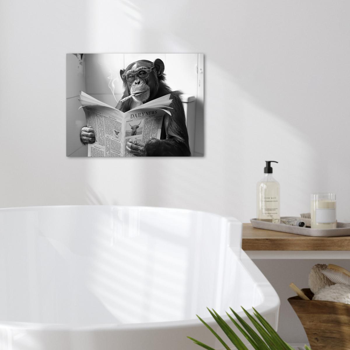 LEINWANDBILD Affe - WC - Zeitung - Schwarz-Weiß - Humor Wandbild 40x30 cm - Hellgrau, Textil (40/30cm) - MuchoWow