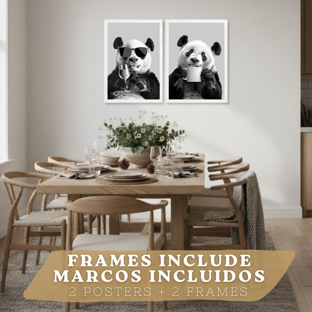 POSTER 2er Set Lustige Panda-Wandbilder Schwarz Weiß Tier Weinglas und Kaffeetasse Küche Wanddeko Rahmenlos A3 - Weiß, Papier (29.7/1/42cm) - Nacnic