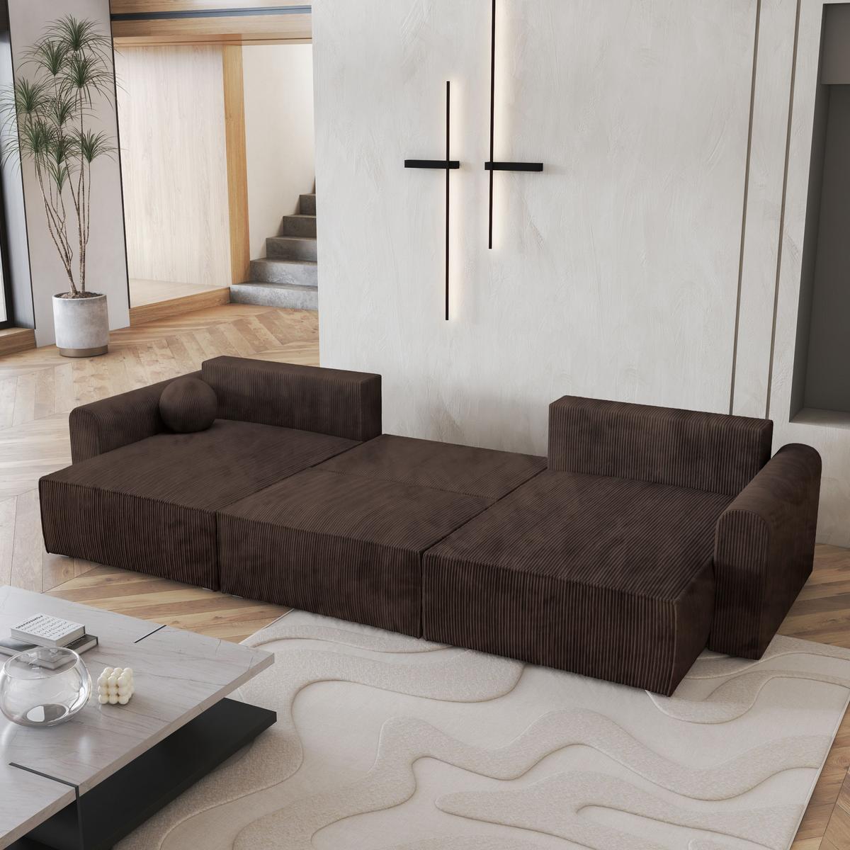 WOHNLANDSCHAFT FENTO P Braun Kordstoff mit Schlaffunktion - Braun/Grau, Holz/Kunststoff (347/90/148cm) - MASSENO