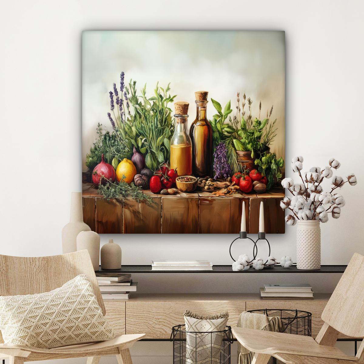LEINWANDBILD Stilleben - Kräuter - Gewürze - Früchte - Farbenfroh Deko Groß 90x90 cm - Grün, Textil (90/90cm) - MuchoWow