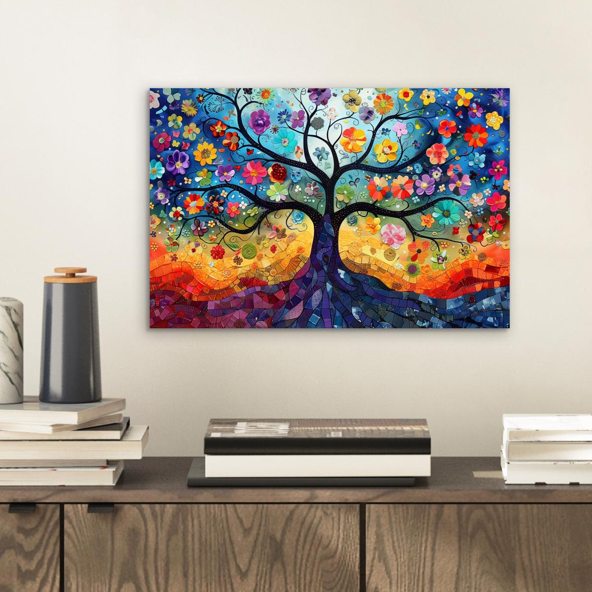 METALLBILD Kunst - Baum des Lebens - Blumen - Hippie 30x20 cm - Dunkelblau, Metall (30/20cm) - MuchoWow