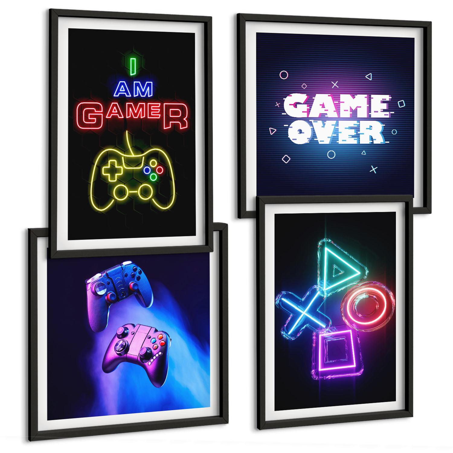 BILDER SET 4er Set - 50x50 cm & 40x60 cm Schwarzer Rahmen - Gamepads, Spielersymbol-Untertitel - Schwarz, Kunststoff (50/50cm) - TULUP