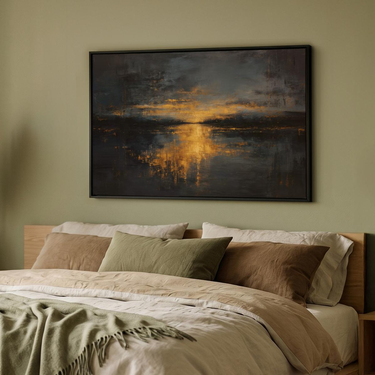 LEINWAND Bilder mit Rahmen - Goldene Reflexion auf dem Wasser - 90x60 - Anthrazit, Textil (90/60cm) - MuchoWow