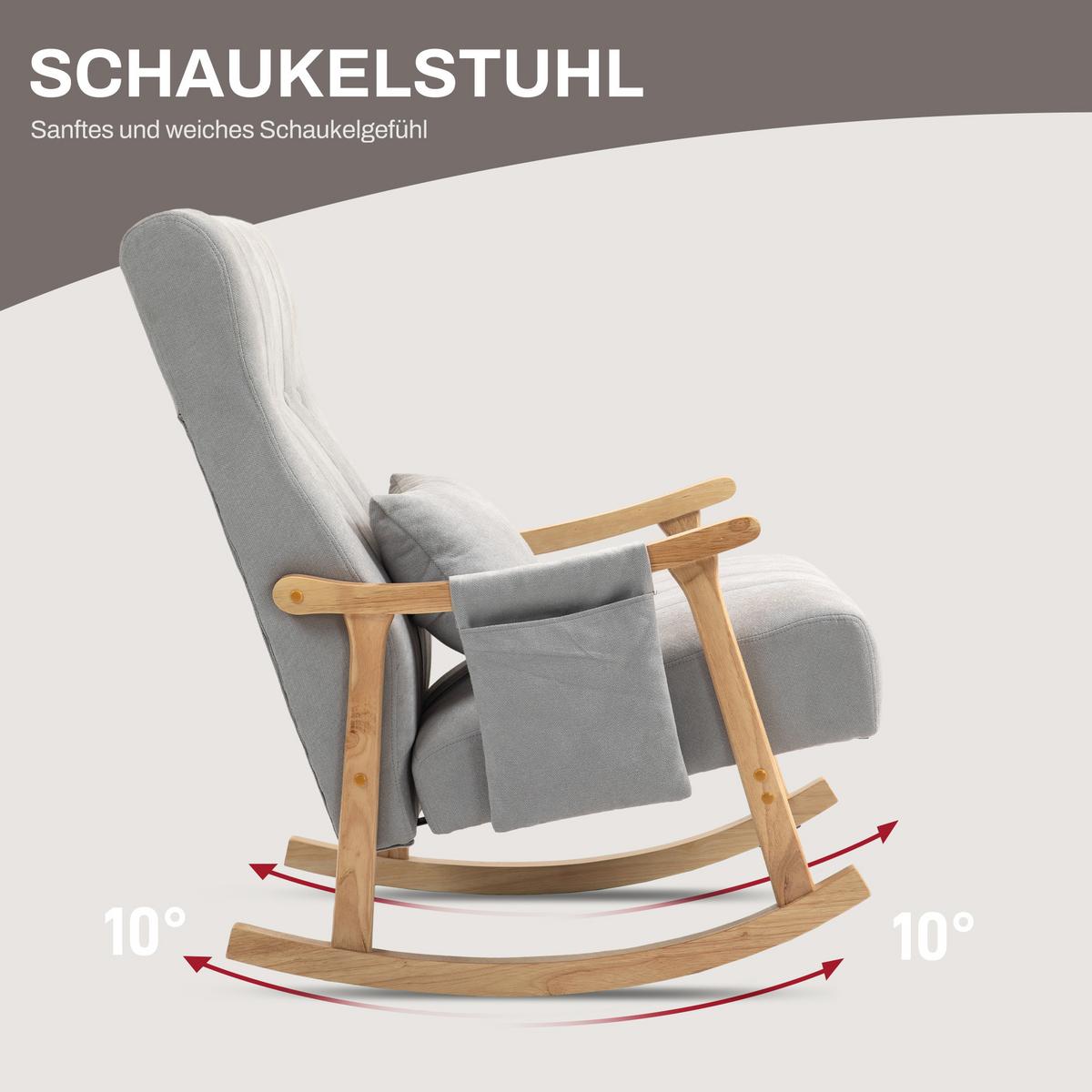 SCHAUKELSTUHL Schaukelsessel mit Lendenkissen, Seitentasche für Wohnzimmer Grau - Naturfarben/Grau, Holz/Buchenholz (65/98/90cm) - HOMCOM