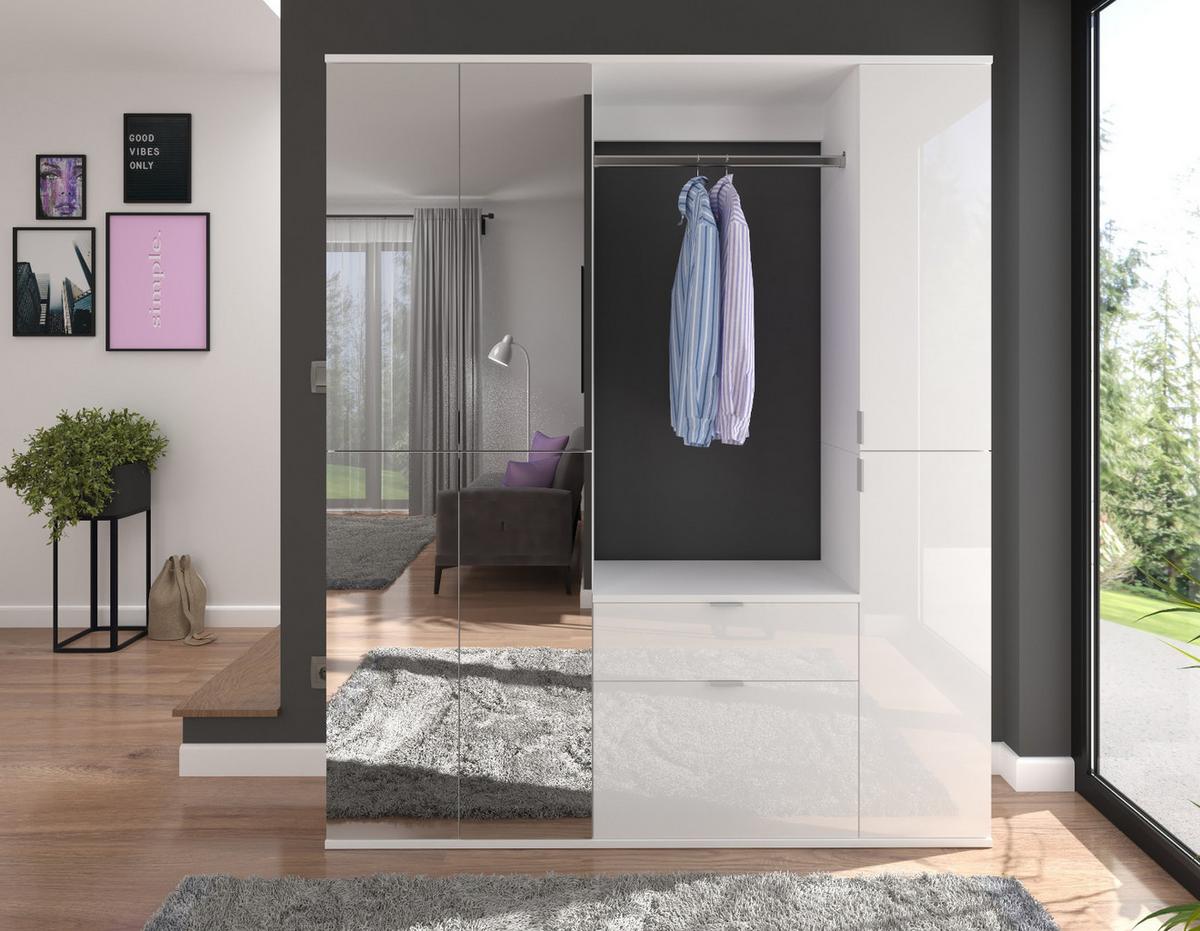 GARDEROBENSCHRANK weiß Hochglanz 152 cm mit Spiegeltüren, Garderobenset - Chromfarben/Weiß Hochglanz, Glas/Holzwerkstoff (153/193/34cm) - Inn.Furn