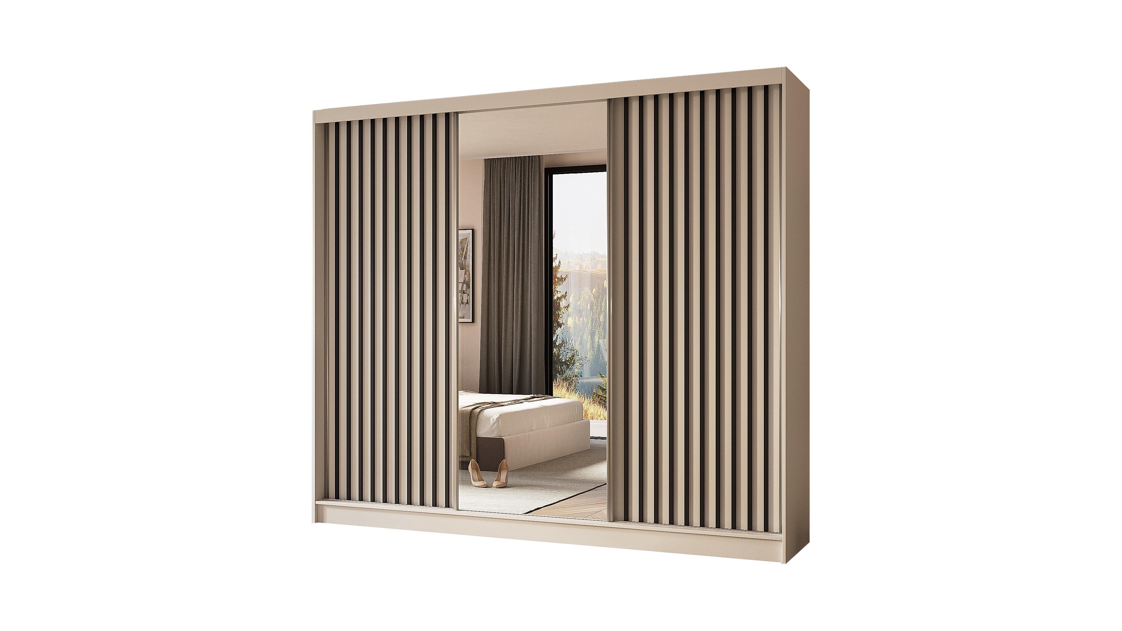 KLEIDERSCHRANK mit Spiegel-Schiebetüren und Aluminium-Leisten, LED-Beleuchtung - LAMELO - 240 cm Weiß+Weiß+Schwarz - Schwarz/Weiß, Holzwerkstoff (240/216/61cm) - ALTDECOR