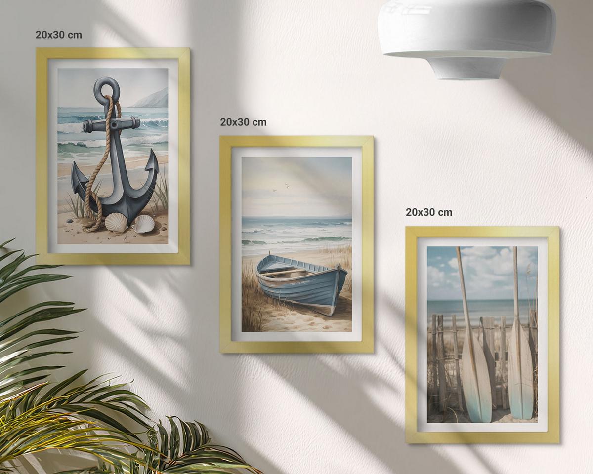 BILDER SET 3er Set - 20x30 cm Goldrahmen - Anker, Boot, Ruder, Strand - Goldfarben, Kunststoff (20/30cm) - TULUP